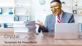  Presentation with hypocrisy - Presentation theme enhanced with businessman wearing mask in hypocrisy concept background and a coral colored foreground