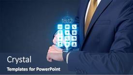  Presentation with smartwatch - Audience pleasing PPT layouts consisting of businessman wearing smartwatch with application icons backdrop and a ocean colored foreground