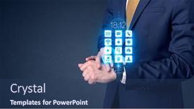  Presentation with smartwatch - Amazing PPT theme having businessman wearing smartwatch with application icons backdrop and a ocean colored foreground