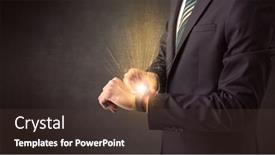  Presentation with smartwatch - PPT theme featuring businessman wearing smartwatch with shiny rays on it background and a tawny brown colored foreground