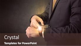  Presentation with smartwatch - Slides having businessman wearing smartwatch with shiny rays on it background and a tawny brown colored foreground