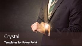  Presentation with smartwatch - Audience pleasing theme consisting of businessman wearing smartwatch with shiny rays on it backdrop and a tawny brown colored foreground