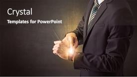  Presentation with smartwatch - PPT theme enhanced with businessman wearing smartwatch with shiny rays on it background and a dark gray colored foreground