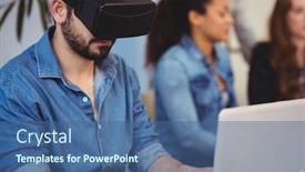  Presentation with coworkers - Slide deck with businessman wearing virtual reality headset against female coworkers in creative office background and a ocean colored foreground