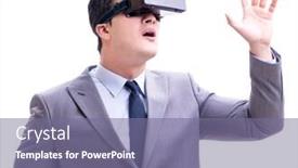  Presentation with virtual reality - Slide deck with businessman wearing virtual reality vr glasses isolated on w background and a violet colored foreground