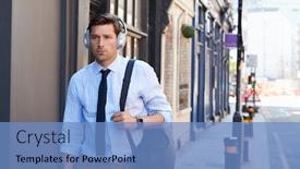  Presentation with wireless - Beautiful slide deck featuring businessman-wearing-wireless-headphones-walking backdrop and a teal colored foreground