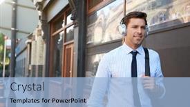 Presentation with wireless - Slides having businessman wearing wireless headphones walking to work background and a light blue colored foreground