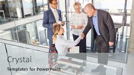  Presentation with wheelchair - Audience pleasing slide deck consisting of businessman-welcomes-young-colleague backdrop and a light gray colored foreground