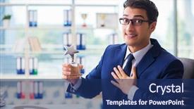  Presentation with employee month - Cool new slide deck with businessman winning best employee backdrop and a navy blue colored foreground
