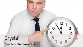  Presentation with time money - PPT theme having businessman with a clock face background and a light gray colored foreground