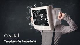  Presentation with question marks - PPT theme enhanced with businessman with a computer monitor head and question marks background and a dark gray colored foreground