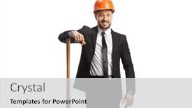 Presentation with wooden stick - PPT theme featuring businessman-with-a-helmet-standing background and a light gray colored foreground