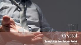  Presentation with risk - Presentation design enhanced with businessman-with-a-pill-hands background and a violet colored foreground