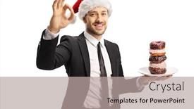  Presentation with donuts - Audience pleasing presentation design consisting of businessman with a plate of donuts wearing a santa claus hat and gesturing sign perfect with fingers isolated on white background backdrop and a light gray colored foreground