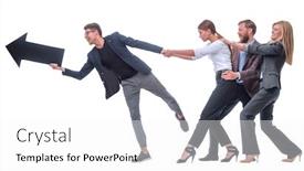  Presentation with pointer - Audience pleasing PPT theme consisting of businessman with a pointer ahead of the business team backdrop and a white colored foreground