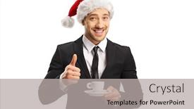  Presentation with cup coffee - Slide deck with businessman with a santa claus hat holding a cup of espresso coffee and showing thumbs up isolated on whote background background and a light gray colored foreground