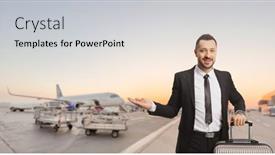  Presentation with airport - PPT theme featuring businessman-with-a-suitcase-posing background and a light gray colored foreground