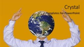  Presentation with world - PPT theme consisting of businessman with a world face background and a gold colored foreground