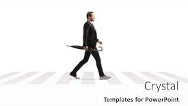  Presentation with pedestrian crossing - PPT theme consisting of businessman-with-an-umbrella-crossing and a white colored foreground