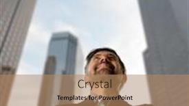  Presentation with tall buildings - Colorful PPT layouts enhanced with businessman with arms crossed and looking up with tall buildings as background backdrop and a coral colored foreground