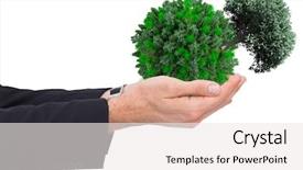  Presentation with growing tree - Amazing PPT layouts having businessman with arms out presenting something against tree with green leaves growing backdrop and a sky blue colored foreground