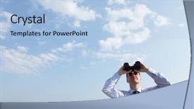  Presentation with binoculars at a lookout point - Slides having businessman with binoculars looking upward background and a light blue colored foreground