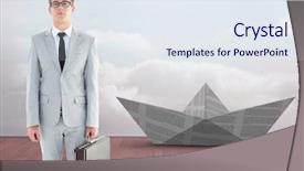  Presentation with closeup of a paper boat - Amazing PPT layouts having businessman with briefcase and paper backdrop and a sky blue colored foreground
