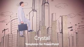  Presentation with growth chart - PPT theme with businessman with briefcase walking over white background against bar chart depicting growth background and a coral colored foreground