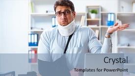  Presentation with medical splint broken bone hand - Presentation consisting of businessman with broken arm working background and a  colored foreground