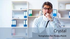  Presentation with tablet broken - Beautiful presentation design featuring businessman with broken arm working backdrop and a light blue colored foreground