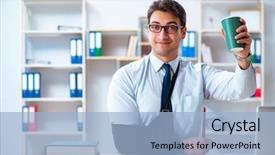  Presentation with working - Presentation theme enhanced with businessman with broken arm working background and a  colored foreground