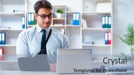  Presentation with working - Beautiful presentation theme featuring businessman with broken arm working backdrop and a  colored foreground