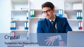  Presentation with working - Slides featuring businessman with broken arm working background and a  colored foreground