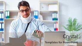  Presentation with adultery concept of broken marriage - Slide deck featuring businessman with broken arm working background and a  colored foreground