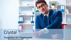  Presentation with working - Colorful slide deck enhanced with businessman with broken arm working backdrop and a  colored foreground