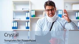  Presentation with medical splint broken bone hand - Cool new PPT layouts with businessman with broken arm working backdrop and a  colored foreground