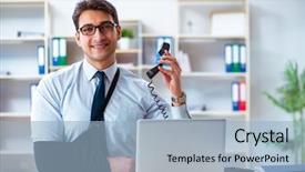  Presentation with office - Slide set featuring businessman with broken arm working background and a  colored foreground