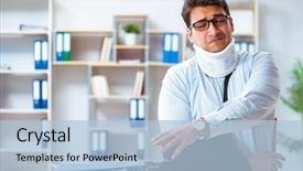  Presentation with working - Amazing slide deck having businessman with broken arm working backdrop and a  colored foreground