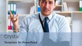  Presentation with office - Theme having businessman-with-broken-arm-working background and a light blue colored foreground