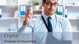  Presentation with working - Amazing PPT theme having businessman-with-broken-arm-working backdrop and a light blue colored foreground