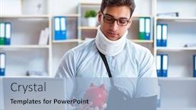  Presentation with office - PPT theme featuring businessman-with-broken-arm-working background and a light blue colored foreground