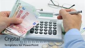  Presentation with calculator - Cool new PPT theme with businessman with calculator and pen backdrop and a light blue colored foreground