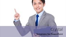  Presentation with finger point - Presentation theme enhanced with businessman with clipboard and finger point up background and a coral colored foreground