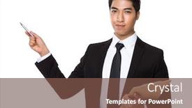  Presentation with pen - Slides enhanced with businessman with clipboard and pen point up background and a tawny brown colored foreground