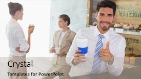  Presentation with cafeteria - PPT layouts with businessman with coffee sipper gesturing thumbs up at the counter with colleagues behind in office cafeteria background and a mint green colored foreground