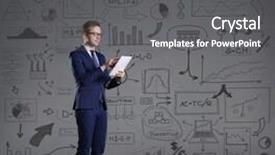  Presentation with schematic - Slide deck having businessman with computer tablet schematic background business and office concept background and a gray colored foreground