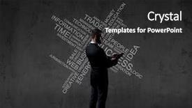  Presentation with improvement - PPT layouts having businessman with computer tablet standing background and a dark gray colored foreground