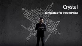  Presentation with improvement - PPT layouts consisting of businessman with computer tablet standing background and a  colored foreground