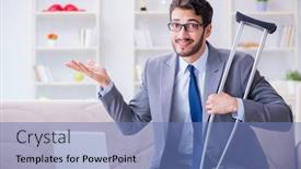  Presentation with broken home - Cool new presentation theme with businessman with crutches and broken leg at home working backdrop and a teal colored foreground