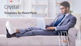  Presentation with broken leg - PPT theme having businessman with crutches and broken leg at home working background and a light gray colored foreground